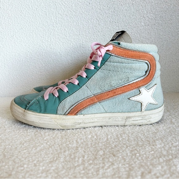 Golden Goose Shoes - Golden Goose Slide Turquoise Blue Orange High Top Leather Sneakers Size EU 37